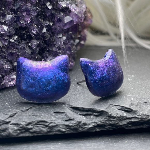Custom Purple and Blue Sparkling Cat Hand Crafted Stud Post Earrings - Picture 10 of 10